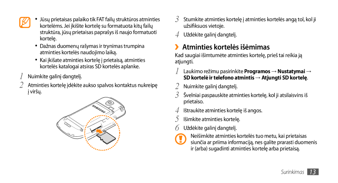 Samsung GT-I5800CWASEB, GT-I5800DKASEB manual ››Atminties kortelės išėmimas, Užsifiksuos vietoje 