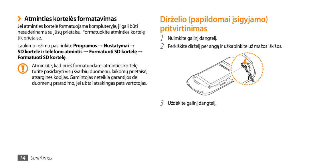 Samsung GT-I5800DKASEB, GT-I5800CWASEB Dirželio papildomai įsigyjamo pritvirtinimas, ››Atminties kortelės formatavimas 