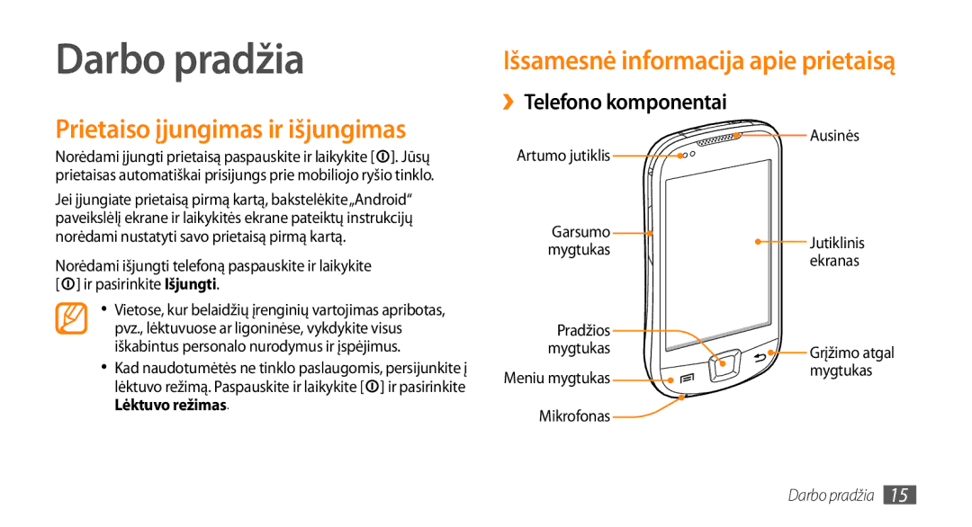 Samsung GT-I5800CWASEB, GT-I5800DKASEB manual Darbo pradžia, Lėktuvo režimas, Artumo jutiklis, Ausinės 