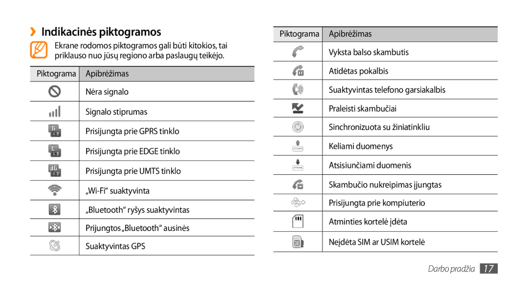 Samsung GT-I5800CWASEB, GT-I5800DKASEB manual ››Indikacinės piktogramos 