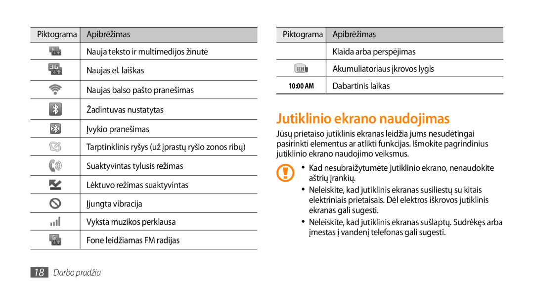 Samsung GT-I5800DKASEB manual Jutiklinio ekrano naudojimas, Dabartinis laikas, Įmestas į vandenį telefonas gali sugesti 