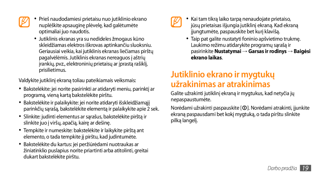 Samsung GT-I5800CWASEB, GT-I5800DKASEB manual Jutiklinio ekrano ir mygtukų užrakinimas ar atrakinimas 