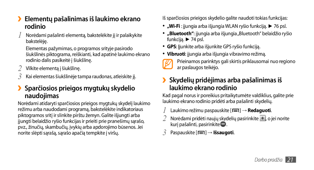 Samsung GT-I5800CWASEB, GT-I5800DKASEB manual ››Elementų pašalinimas iš laukimo ekrano rodinio, → Redaguoti 