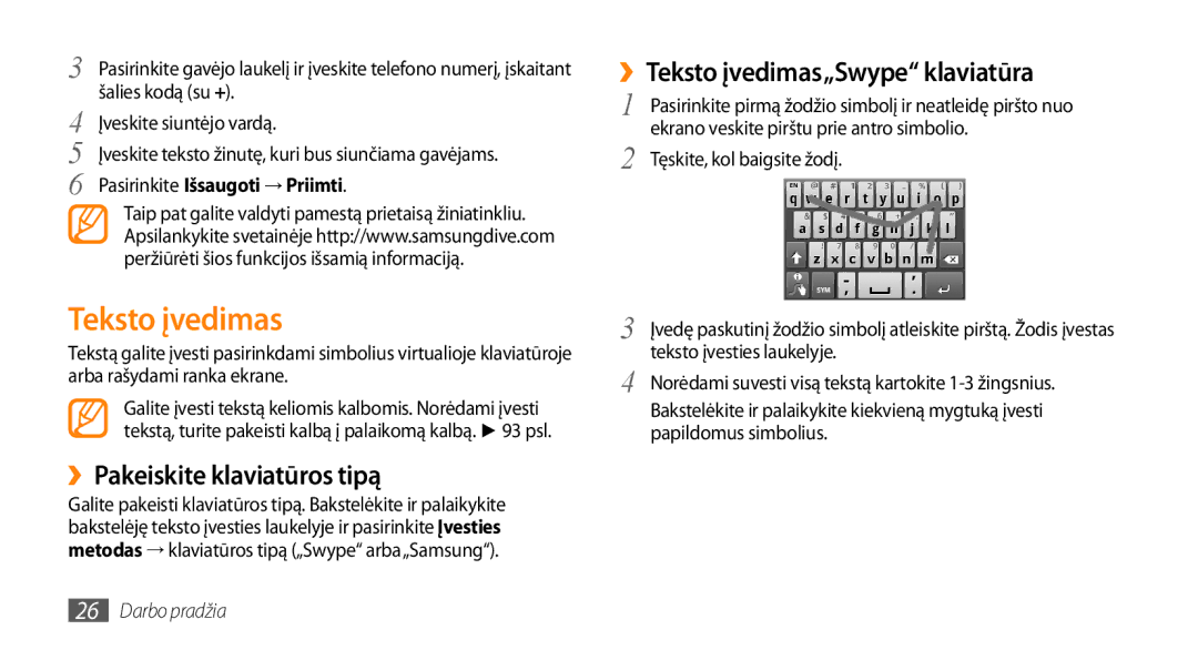 Samsung GT-I5800DKASEB, GT-I5800CWASEB manual ››Pakeiskite klaviatūros tipą, ››Teksto įvedimas„Swype klaviatūra 