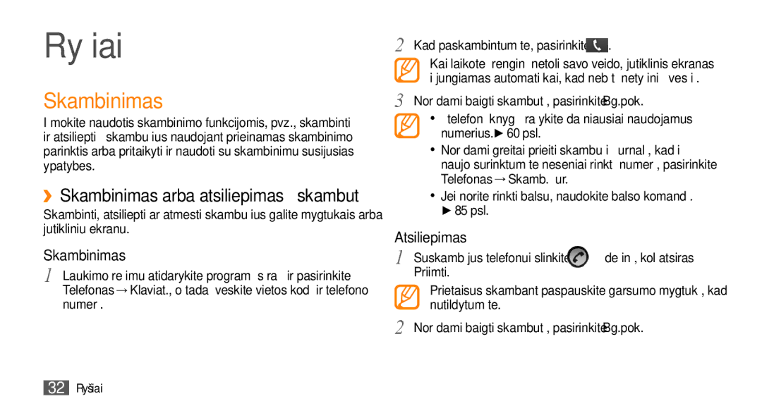 Samsung GT-I5800DKASEB, GT-I5800CWASEB manual Skambinimas, Telefonas → Skamb. žur, Priimti, 32 Ryšiai 