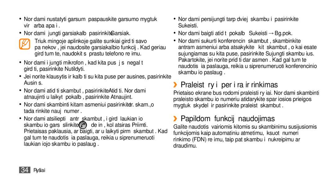 Samsung GT-I5800DKASEB, GT-I5800CWASEB ››Praleistų ryšių peržiūra ir rinkimas, ››Papildomų funkcijų naudojimas, 34 Ryšiai 