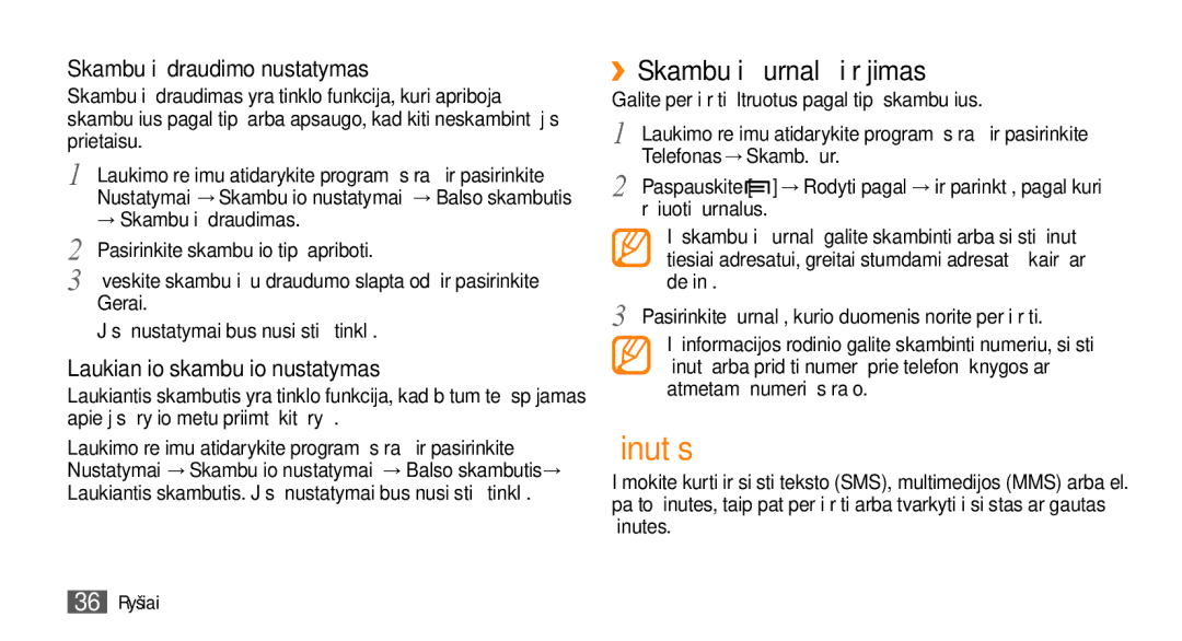 Samsung GT-I5800DKASEB, GT-I5800CWASEB manual Žinutės, ››Skambučių žurnalų žiūrėjimas, → Skambučių draudimas, 36 Ryšiai 