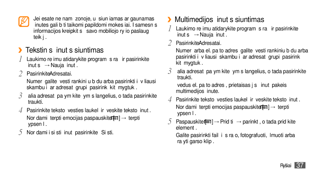Samsung GT-I5800CWASEB, GT-I5800DKASEB manual ››Tekstinės žinutės siuntimas, ››Multimedijos žinutės siuntimas 