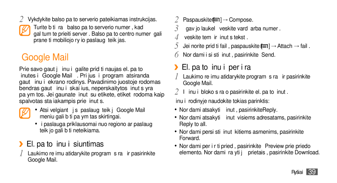 Samsung GT-I5800CWASEB, GT-I5800DKASEB manual „Google Mail, ››El. pašto žinučių siuntimas, ››El. pašto žinučių peržiūra 