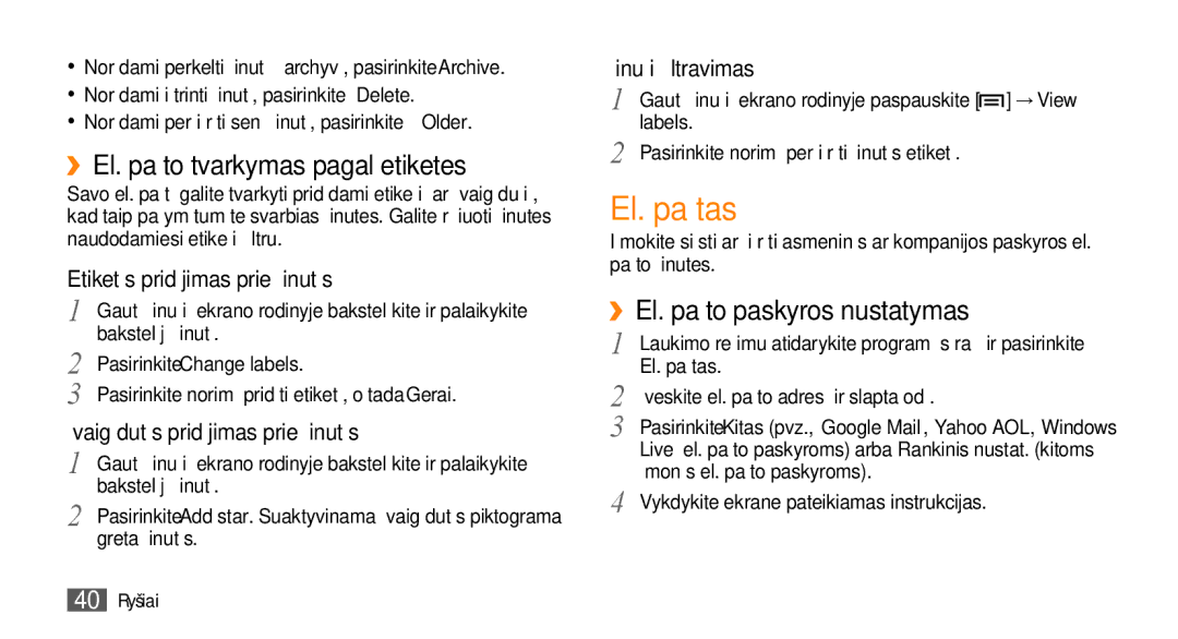 Samsung GT-I5800DKASEB manual El. paštas, ››El. pašto tvarkymas pagal etiketes, ››El. pašto paskyros nustatymas, Labels 