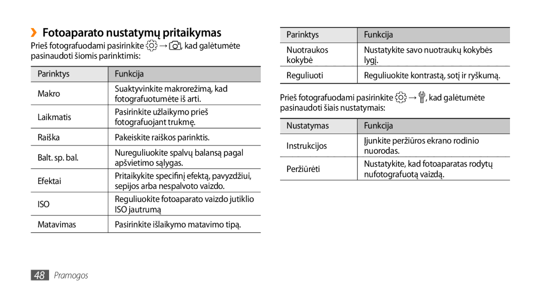 Samsung GT-I5800DKASEB, GT-I5800CWASEB manual ››Fotoaparato nustatymų pritaikymas 