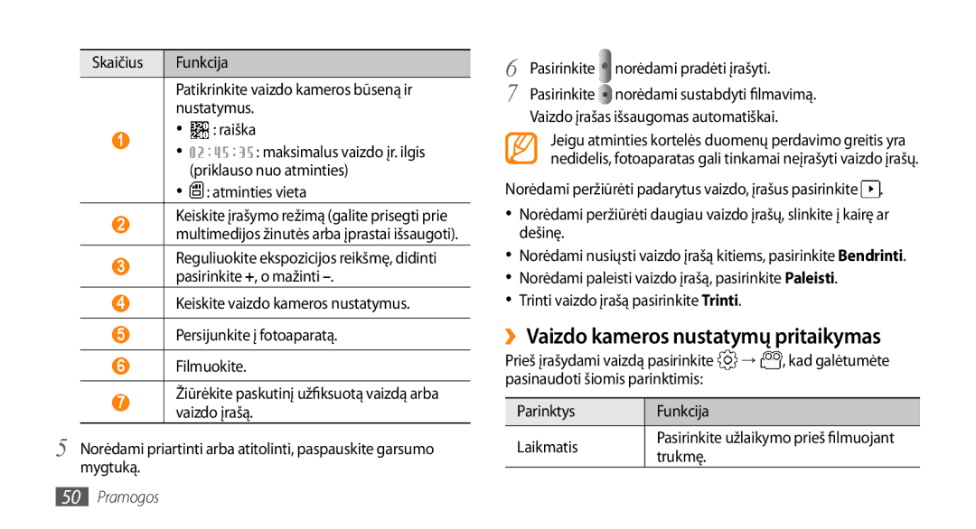 Samsung GT-I5800DKASEB manual ››Vaizdo kameros nustatymų pritaikymas, Vaizdo įrašas išsaugomas automatiškai, Trukmę 