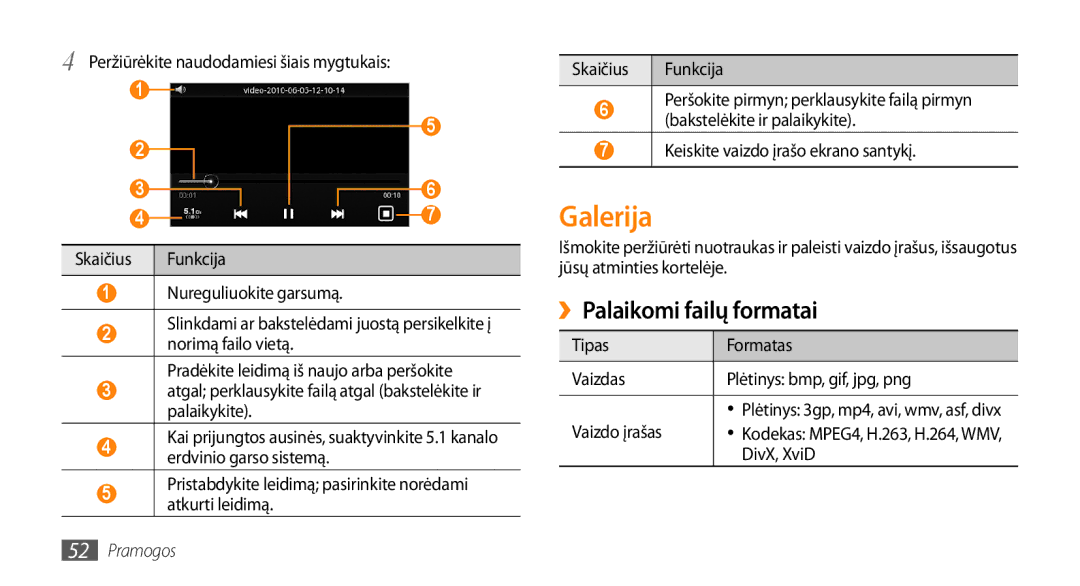 Samsung GT-I5800DKASEB, GT-I5800CWASEB manual Galerija, ››Palaikomi failų formatai 