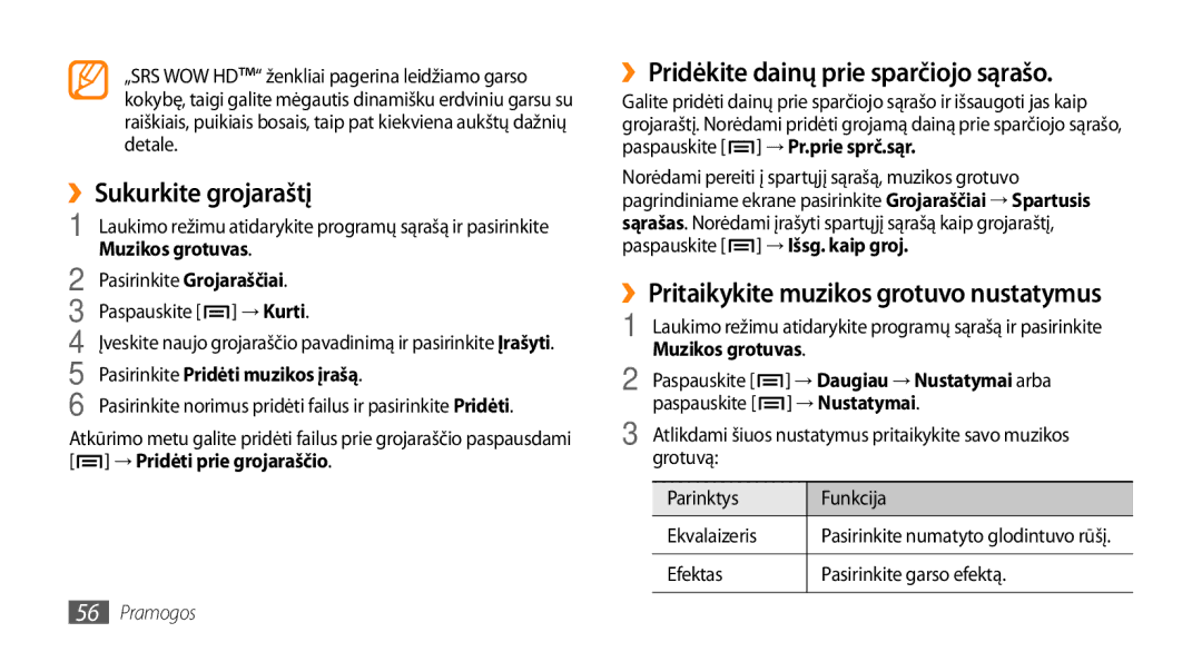 Samsung GT-I5800DKASEB, GT-I5800CWASEB manual ››Sukurkite grojaraštį, ››Pridėkite dainų prie sparčiojo sąrašo 