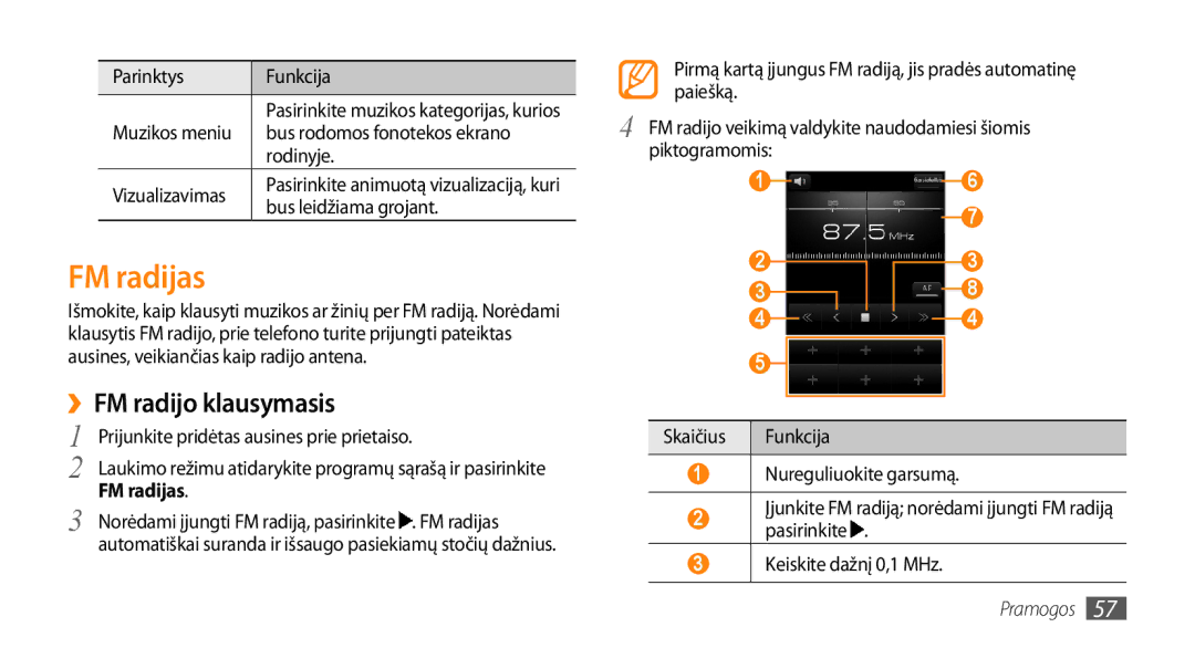 Samsung GT-I5800CWASEB, GT-I5800DKASEB manual FM radijas, ››FM radijo klausymasis 