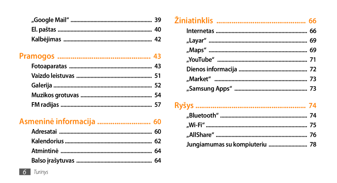 Samsung GT-I5800DKASEB, GT-I5800CWASEB manual Pramogos, Asmeninė informacija, Ryšys 