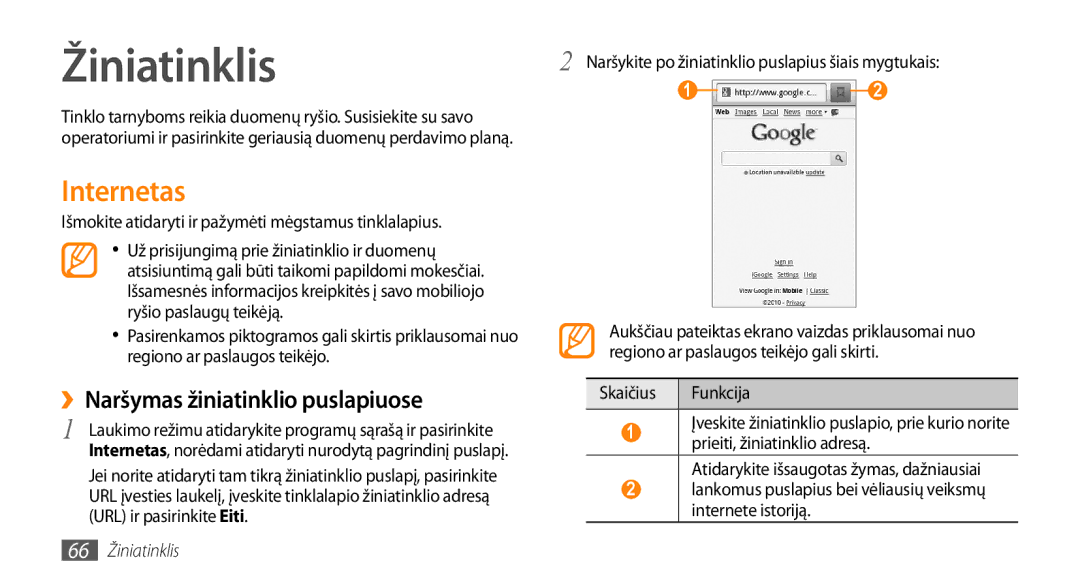 Samsung GT-I5800DKASEB, GT-I5800CWASEB manual Internetas, ››Naršymas žiniatinklio puslapiuose, 66 Žiniatinklis 