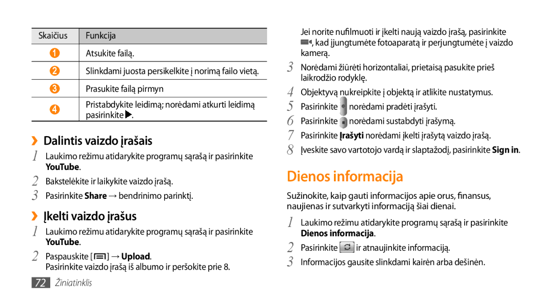 Samsung GT-I5800DKASEB, GT-I5800CWASEB manual Dienos informacija, ››Dalintis vaizdo įrašais, ››Įkelti vaizdo įrašus, YouTube 