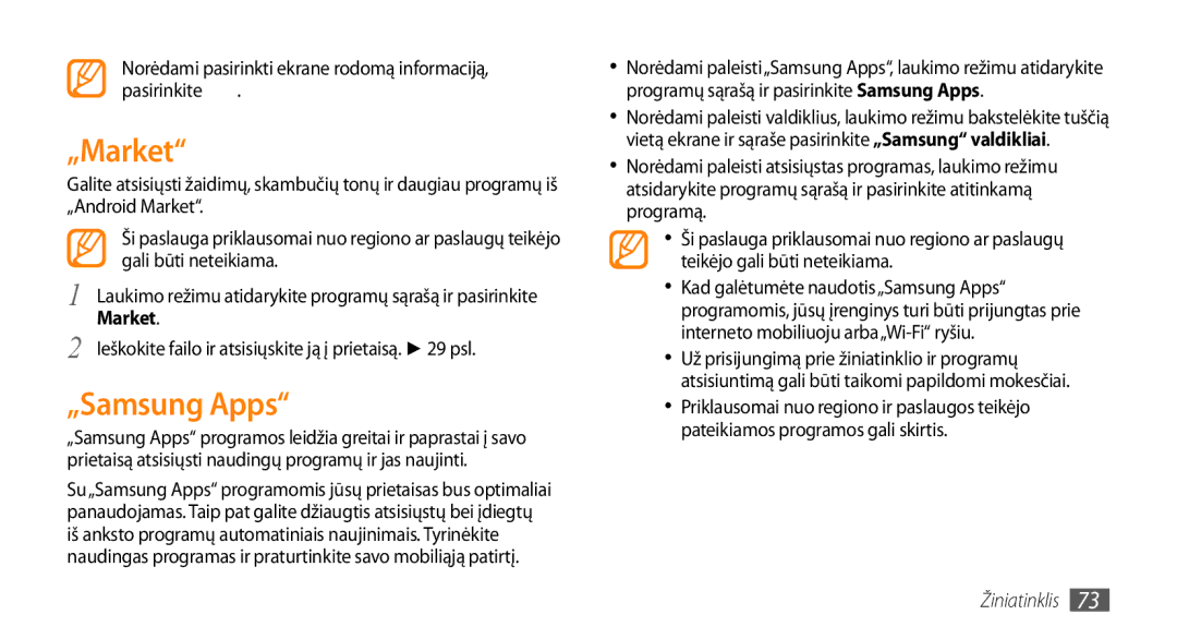 Samsung GT-I5800CWASEB, GT-I5800DKASEB „Market, „Samsung Apps, Norėdami pasirinkti ekrane rodomą informaciją, pasirinkite 