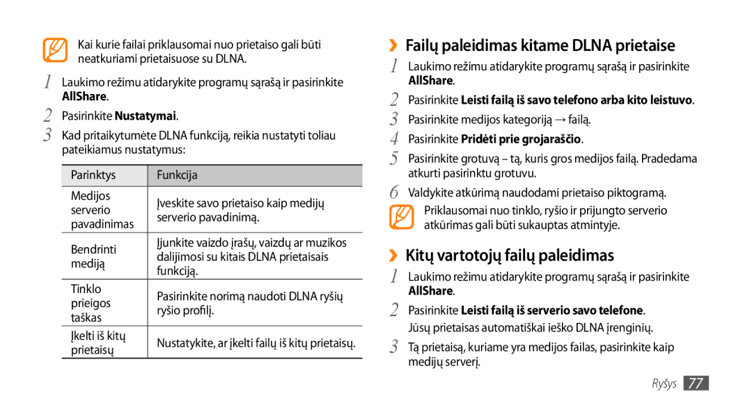 Samsung GT-I5800CWASEB manual ››Failų paleidimas kitame Dlna prietaise, ››Kitų vartotojų failų paleidimas, AllShare 