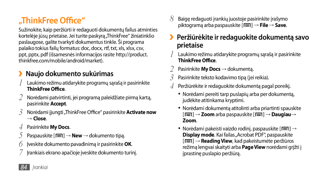 Samsung GT-I5800DKASEB, GT-I5800CWASEB manual „ThinkFree Office, ››Naujo dokumento sukūrimas 