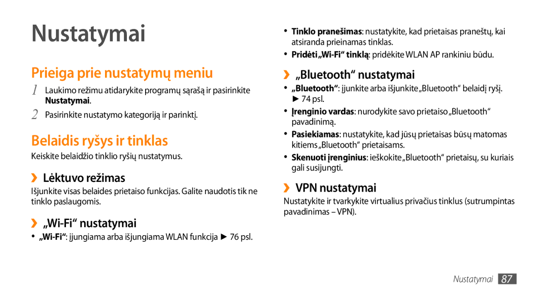 Samsung GT-I5800CWASEB, GT-I5800DKASEB manual Nustatymai, Prieiga prie nustatymų meniu, Belaidis ryšys ir tinklas 