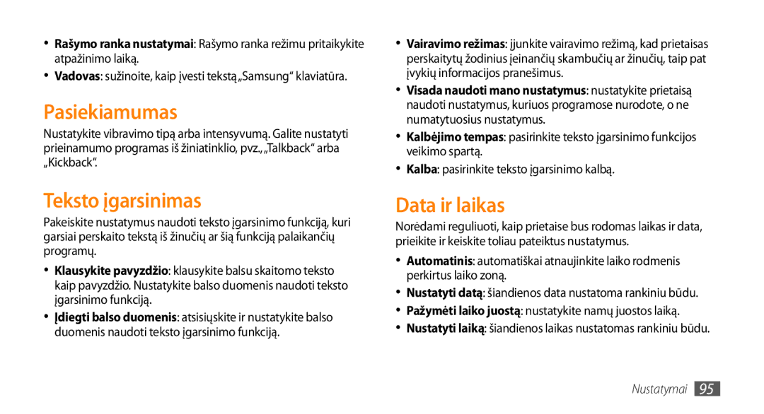 Samsung GT-I5800CWASEB, GT-I5800DKASEB manual Pasiekiamumas, Teksto įgarsinimas, Data ir laikas 