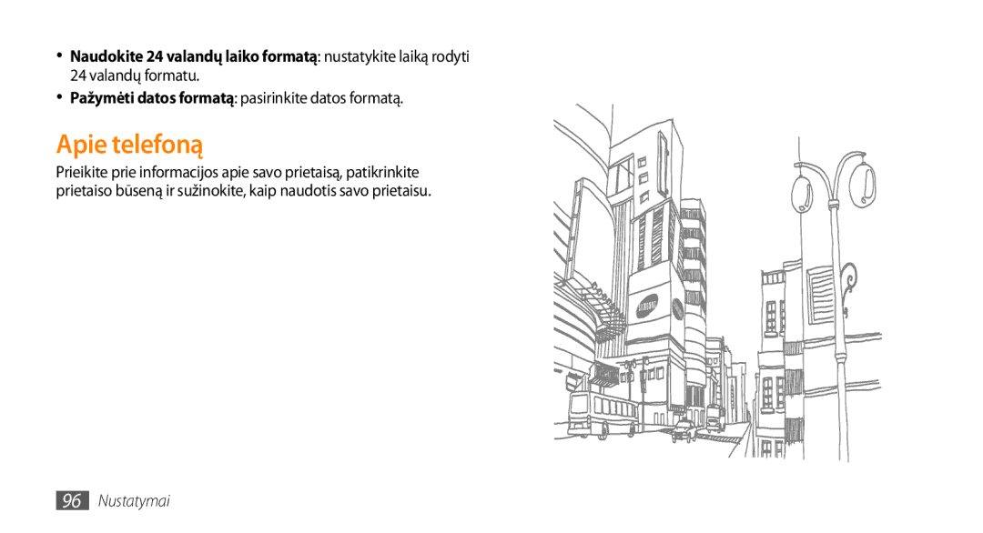 Samsung GT-I5800DKASEB, GT-I5800CWASEB manual Apie telefoną, Pažymėti datos formatą pasirinkite datos formatą 