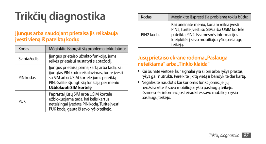 Samsung GT-I5800CWASEB, GT-I5800DKASEB manual Trikčių diagnostika, Užblokuoti SIM kortelę 