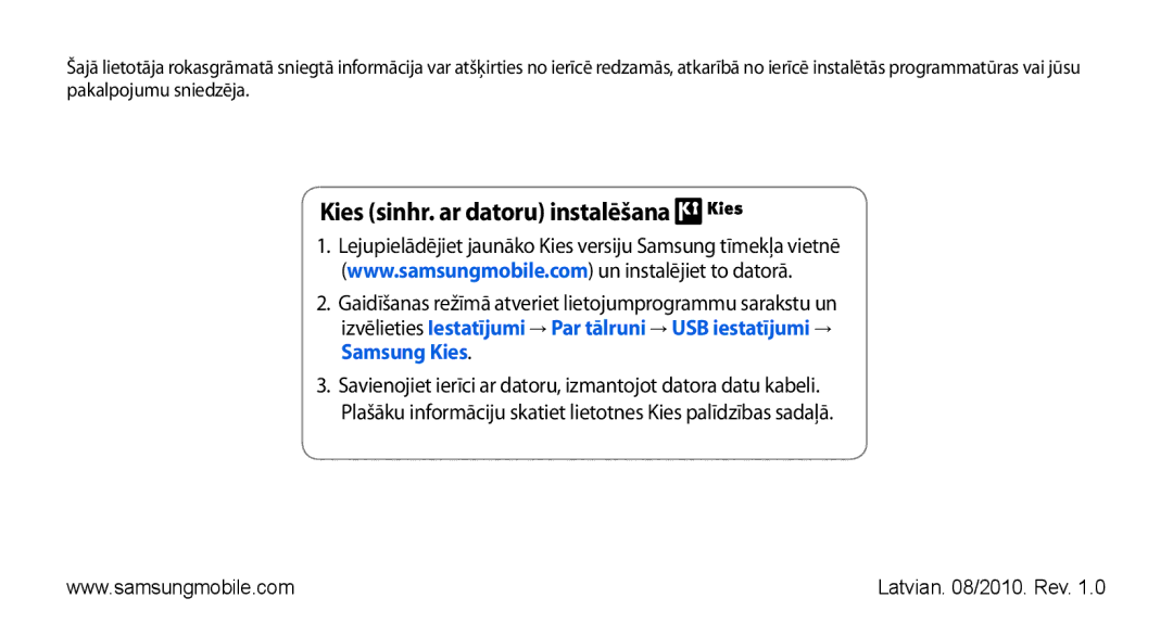 Samsung GT-I5800DKASEB, GT-I5800CWASEB manual Kies sinhr. ar datoru instalēšana 