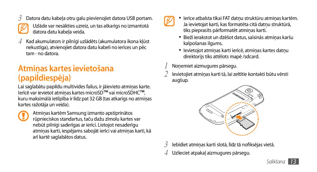 Samsung GT-I5800CWASEB, GT-I5800DKASEB manual Atmiņas kartes ievietošana papildiespēja 