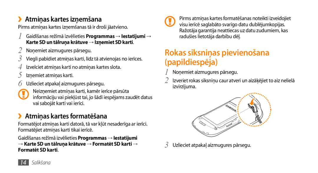 Samsung GT-I5800DKASEB, GT-I5800CWASEB manual ››Atmiņas kartes izņemšana, ››Atmiņas kartes formatēšana 