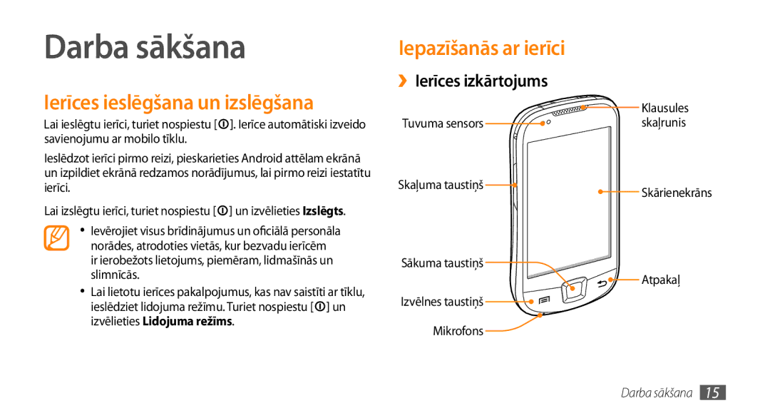 Samsung GT-I5800CWASEB manual Darba sākšana, Ierīces ieslēgšana un izslēgšana, ››Ierīces izkārtojums, Skārienekrāns Atpakaļ 