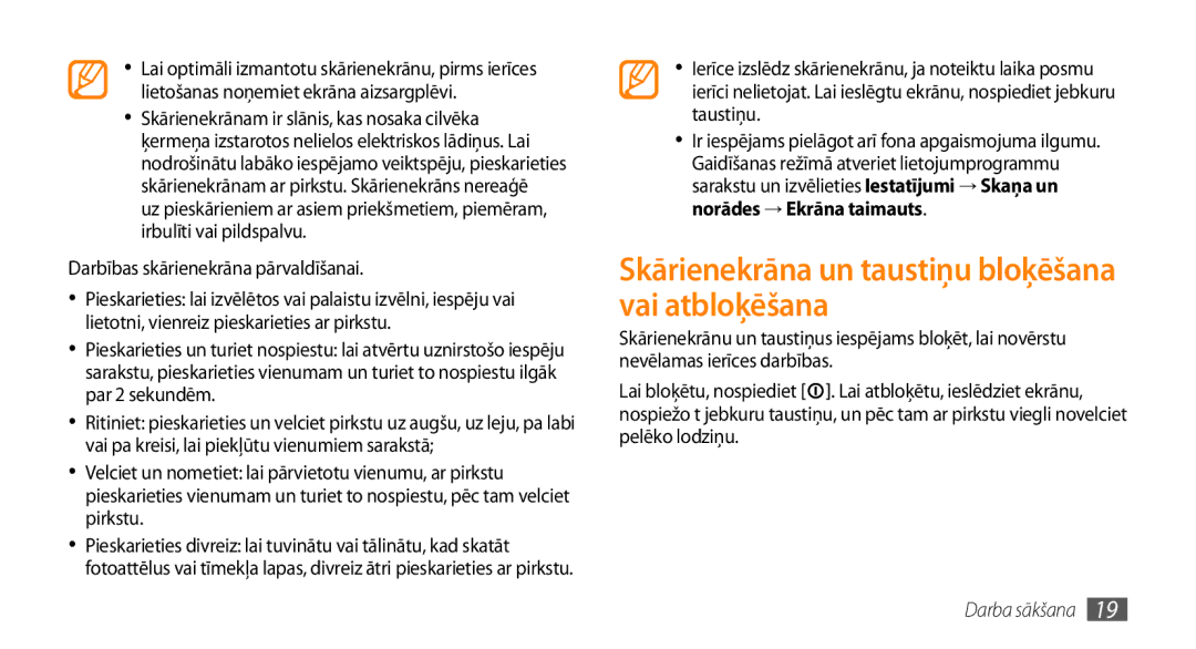 Samsung GT-I5800CWASEB, GT-I5800DKASEB manual Skārienekrāna un taustiņu bloķēšana vai atbloķēšana 