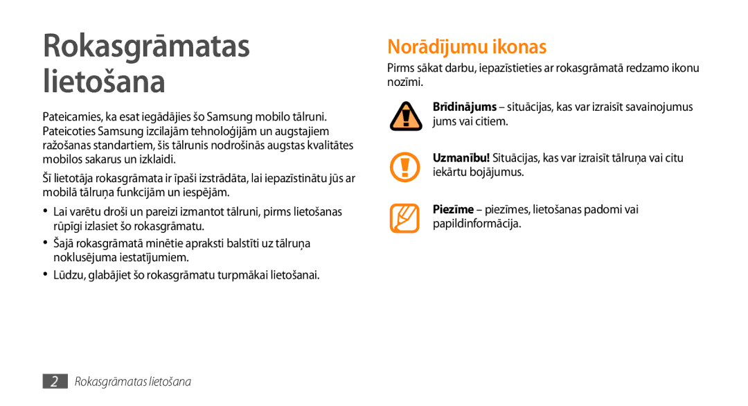 Samsung GT-I5800DKASEB, GT-I5800CWASEB manual Rokasgrāmatas Lietošana, Norādījumu ikonas 