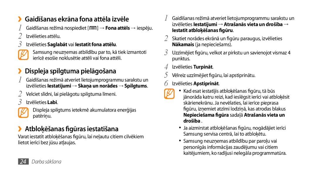 Samsung GT-I5800DKASEB, GT-I5800CWASEB manual ››Gaidīšanas ekrāna fona attēla izvēle, ››Displeja spilgtuma pielāgošana 