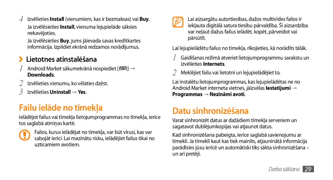 Samsung GT-I5800CWASEB, GT-I5800DKASEB Failu ielāde no tīmekļa, Datu sinhronizēšana, ››Lietotnes atinstalēšana, Downloads 