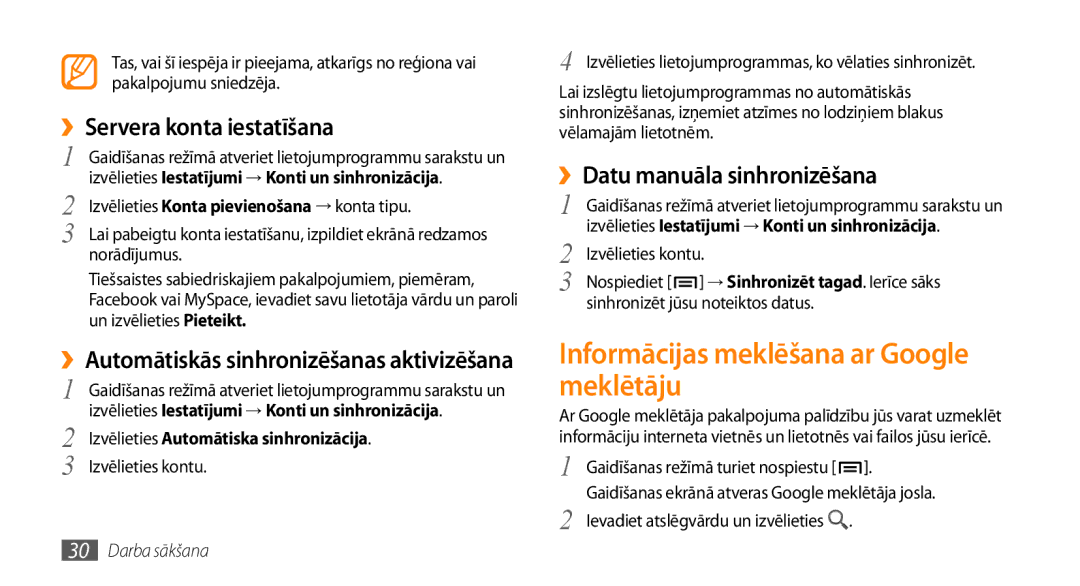 Samsung GT-I5800DKASEB, GT-I5800CWASEB manual Informācijas meklēšana ar Google meklētāju, ››Servera konta iestatīšana 