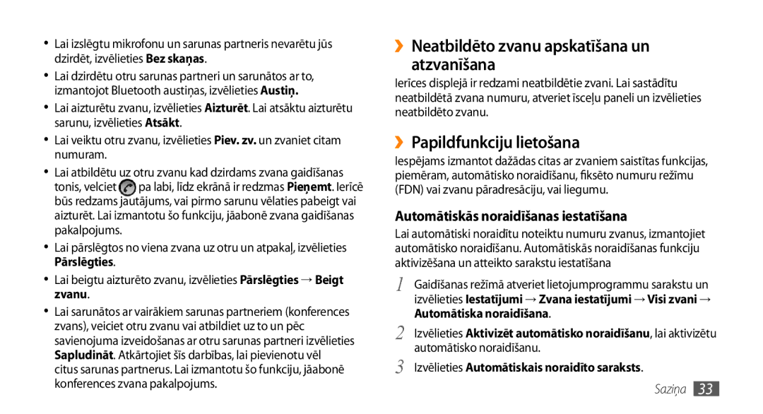 Samsung GT-I5800CWASEB, GT-I5800DKASEB manual ››Neatbildēto zvanu apskatīšana un atzvanīšana, ››Papildfunkciju lietošana 