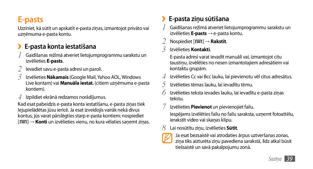 Samsung GT-I5800CWASEB, GT-I5800DKASEB manual Pasts, ››E-pasta konta iestatīšana, → Rakstīt 