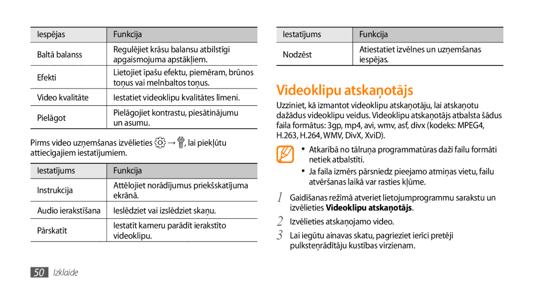 Samsung GT-I5800DKASEB manual Videoklipu atskaņotājs, Video kvalitāte, Ekrānā, Ieslēdziet vai izslēdziet skaņu, Iespējas 