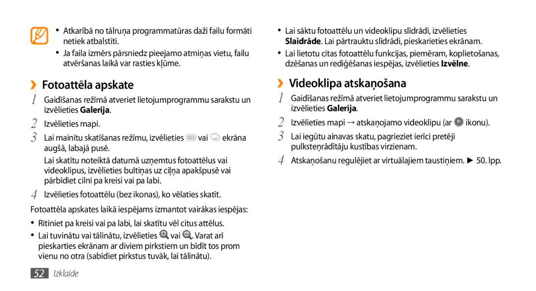 Samsung GT-I5800DKASEB, GT-I5800CWASEB manual ››Fotoattēla apskate, ››Videoklipa atskaņošana 