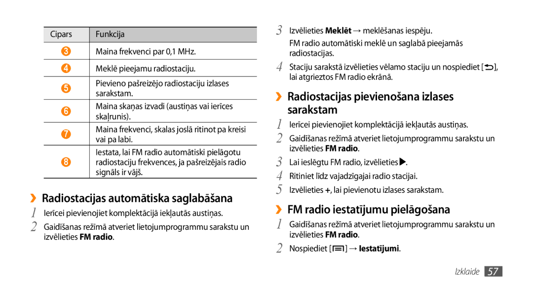 Samsung GT-I5800CWASEB manual ››Radiostacijas automātiska saglabāšana, ››Radiostacijas pievienošana izlases sarakstam 