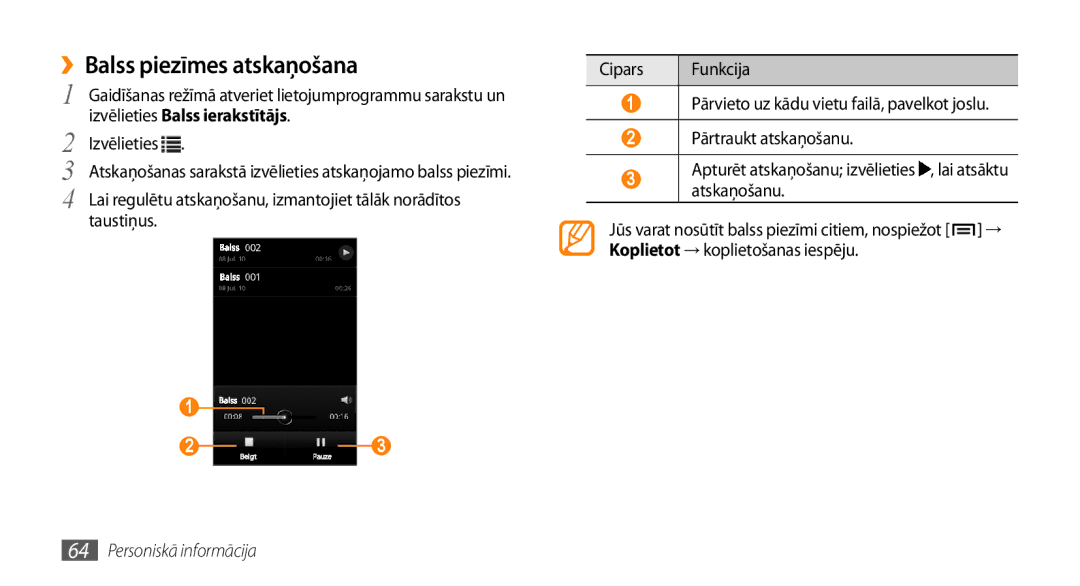 Samsung GT-I5800DKASEB, GT-I5800CWASEB manual ››Balss piezīmes atskaņošana, Koplietot → koplietošanas iespēju 