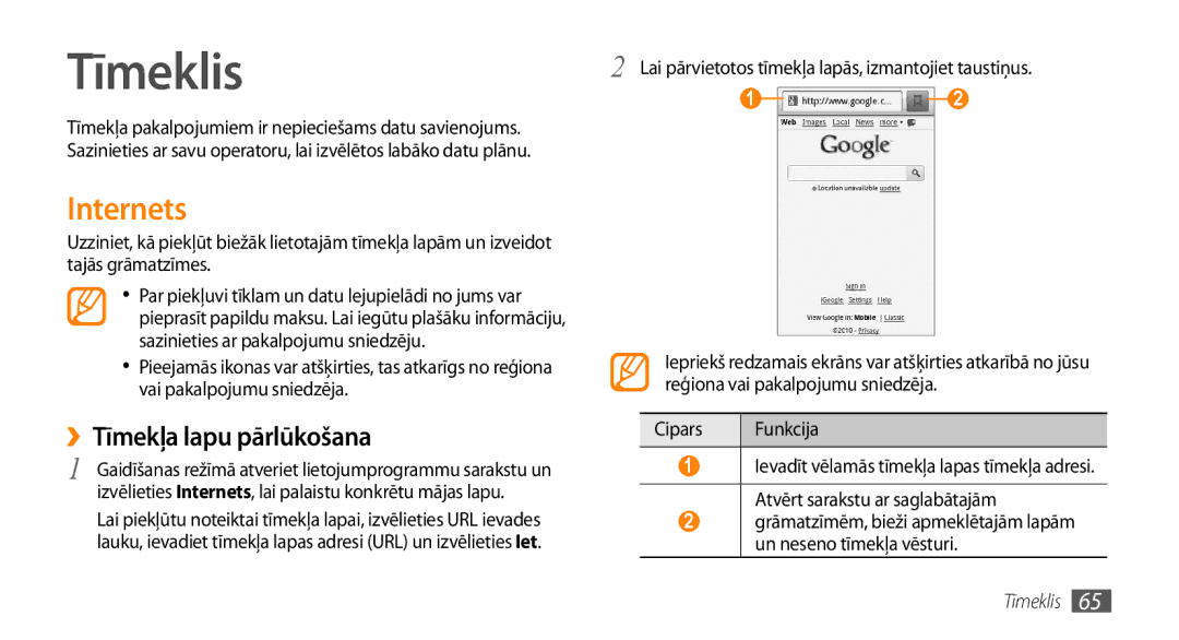 Samsung GT-I5800CWASEB, GT-I5800DKASEB manual Tīmeklis, Internets, ››Tīmekļa lapu pārlūkošana, Un neseno tīmekļa vēsturi 