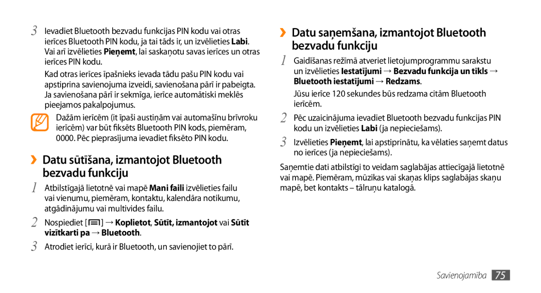 Samsung GT-I5800CWASEB, GT-I5800DKASEB manual ››Datu sūtīšana, izmantojot Bluetooth bezvadu funkciju 