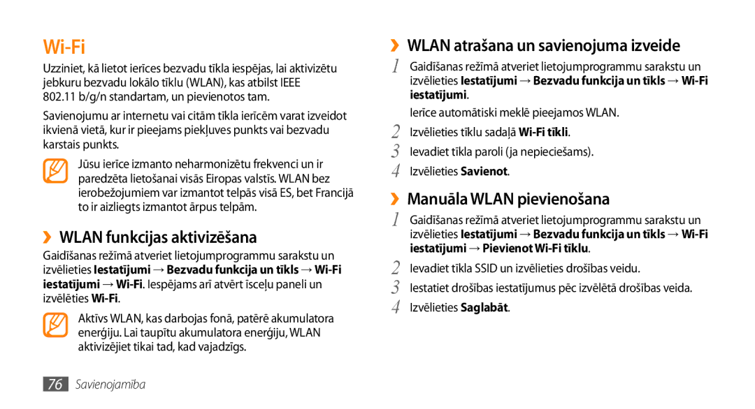 Samsung GT-I5800DKASEB manual Wi-Fi, ››WLAN funkcijas aktivizēšana, ››WLAN atrašana un savienojuma izveide, Iestatījumi 