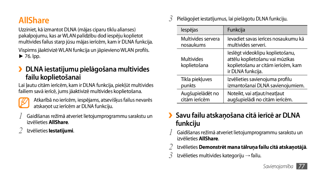 Samsung GT-I5800CWASEB, GT-I5800DKASEB manual AllShare, ››Savu failu atskaņošana citā ierīcē ar Dlna funkciju 