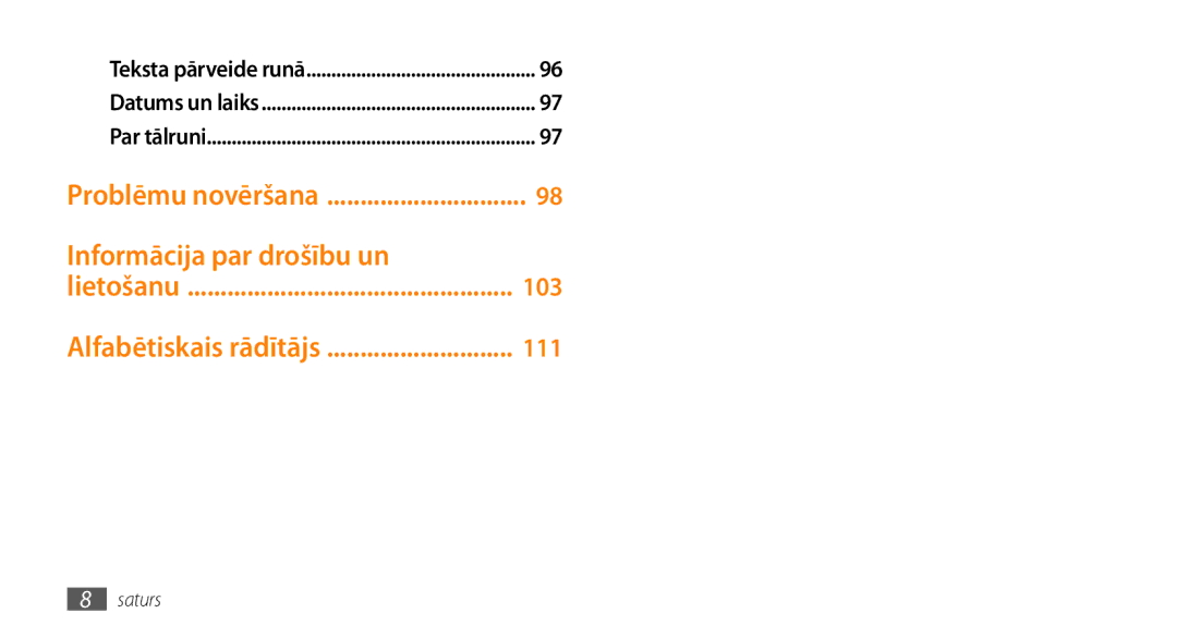 Samsung GT-I5800DKASEB, GT-I5800CWASEB manual 103, Alfabētiskais rādītājs 111 