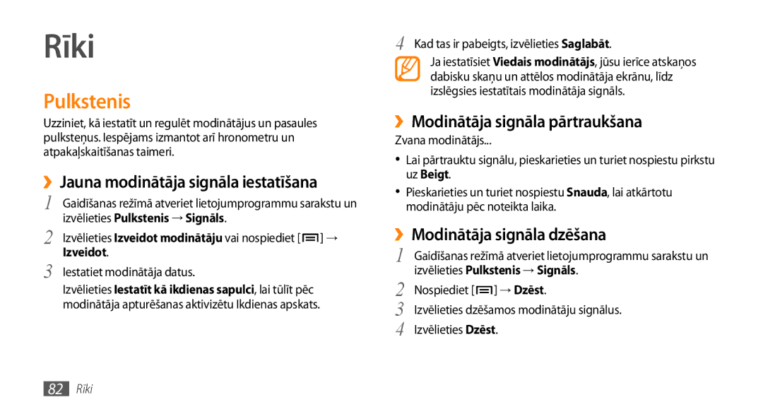 Samsung GT-I5800DKASEB manual Rīki, Pulkstenis, ››Jauna modinātāja signāla iestatīšana, ››Modinātāja signāla pārtraukšana 